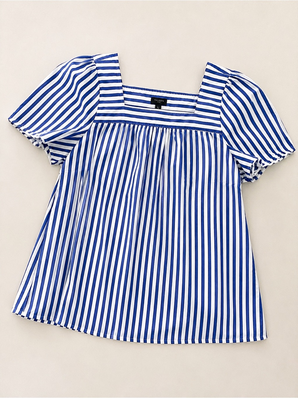 Talbots Blue White Stripe Puff Sleeve Square Neck Cotton Top Large - Picture 2 of 10